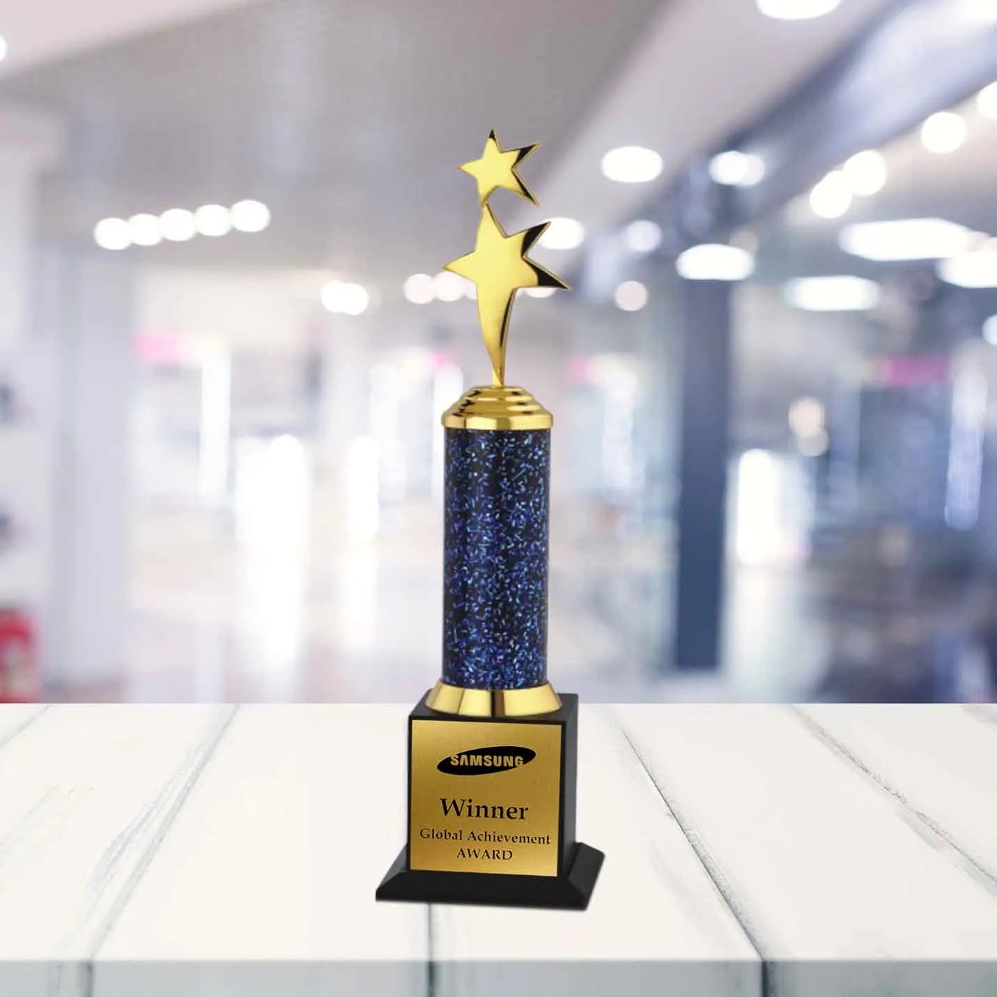 Personalised Classic Blue 2- Star Gold Victory Trophy